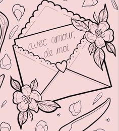 an envelope with flowers and hearts on it is in the middle of a coloring page