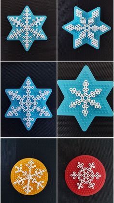 four snowflakes are shown in different colors and sizes, each with white dots on them