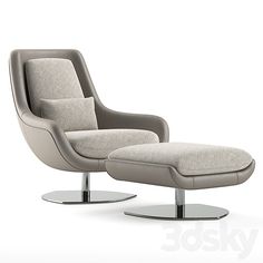 the modern chair and ottoman are in grey fabric