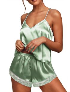 PRICES MAY VARY. ★【MATERIAL】Ekouaer cami pajama set is made of 95% polyester, cool lightweight, smoother, and more tactile. High-quality satin fabric give your skin like baby care, ultra-comfortable satin material make you sleep well ★【CAMI SHORTS SET】Sexy v neck, adjustable spaghetti straps, and floral lace trim at back, unrestrained and cool camisole. The cami Pj top is Simply fantastically beautiful, you can even wear it with jeans, trousers or a pleated skirt, which is also a stylish look, k Pijamas Women, Lingerie Shorts, Silk Pajamas Women, Pyjama Satin, Shorts Sets, Pajama Suit, Pajamas Sets, Nightwear Women, Satin Pyjama Set