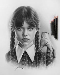 a pencil drawing of a girl with long braids and holding a hand in front of her face