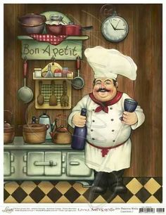 a painting of a chef in front of a wall with pots and pans on it