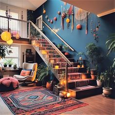 the stairs are decorated with candles and decorations in this living room, along with potted plants