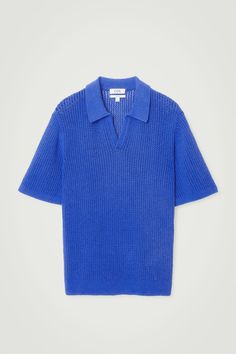 This season, the menswear team take a crafted approach to the classic polo. This electric-blue piece is made from cotton that's open-knitted to create an airiness that's ideal for summer and features a spread collar and side slits to relax the shape. Relaxed fitOrganic cotton is grown from non-genetically modified seeds without chemical fertilizers or pesticides  Shell: 76% Organic cotton, 24% Recycled polyamide. Excluding trims / Machine wash Back length of size M is 25.78" / Model wears a size Latest Clothes For Men, Oversized Polo, Genetically Modified, Fit Board Workouts, Modern Wardrobe, Pique Polo Shirt, Blazer And Shorts, T Shirt Vest, Board Shorts