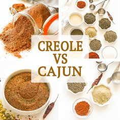 several different types of spices and spoons with the words creole vs cajun