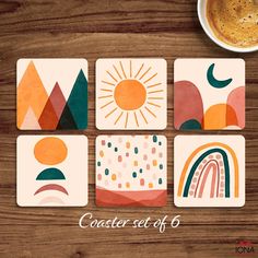 four coasters with different designs on them and a cup of coffee in the background