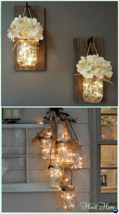 mason jar lights are hanging on the wall with flowers in them and some jars filled with light bulbs