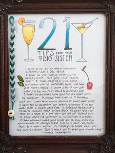 a framed sign with the words 21 tips from your big sister and two martinis