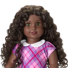 a close up of a doll with curly hair