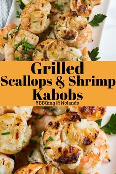 grilled scallops and shrimp kabobs on a white plate