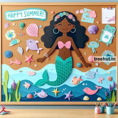 a paper cutout of a mermaid with sea creatures on it's back and the words happy summer