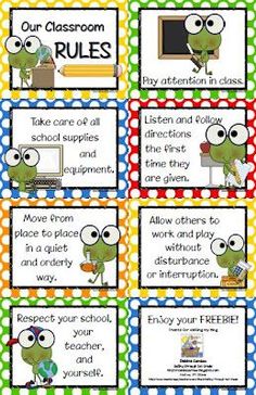 four classroom rules with the same character on each side and an image of a frog holding a