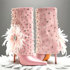 Nwt Barbiecore Pink Embellished Booties Spunky Pink Stilettos Diamonds Feathers Attention Pink Ladies!!! These Most Delicious Bubblegum Pink Booties Feature Everything Oooo-La_la-With A Diamond Studded Bootie Adorned With Feathered Flower Details On A Mid Calf Silhouette, A Luxe Satin Upper, A Fold Over Shaft, Rhinestone Stud Embellishments, And Flower-Shaped Feather Applique With A Rhinestone Cluster Center. Complete With A Pointed Toe Silhouette, A Slip On Fit, And A Slightly Covered Stiletto Couture Heels, Pink Ankle Boots, Pink Booties, Cute Ankle Boots, Pink Stilettos, Nike Fashion Shoes, Colorful Feathers, Pink Hat, Beautiful Boots