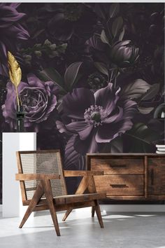 Image of moody deep purple wallpaper with baroque floral pattern Goth Farmhouse, Baroque Flowers, Black And Grey Wallpaper, Salon Wallpaper, Black Floral Wallpaper, New Home Decorating Ideas, Black Building, Esthetician Room Decor, Gothic Flowers