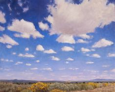 an oil painting of clouds in the sky over a field with wildflowers and brush