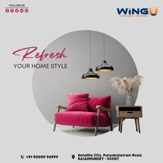 an advertisement for a furniture store with a pink couch and two lamps hanging from the ceiling