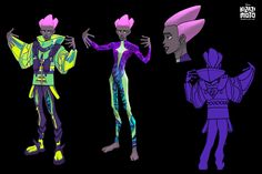 three cartoon characters with different colored hair and bodysuits, one in black background