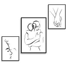 three black and white drawings of two people holding each other's hands in front of them