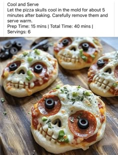 four pizzas with googly eyes are on a cutting board