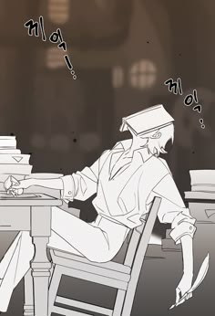 a drawing of a person sitting at a table in front of a pile of books