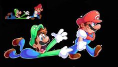 mario and luigi running in the dark with other characters behind them, including an image of person