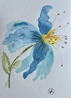 a painting of a blue flower with green leaves