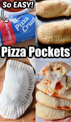 some pizza pockets are stacked on top of each other with the words, so easy