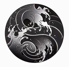 a black and white yin - yang symbol with stars in the sky behind it on a circular surface