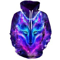 Spring Autumn New Fashion Space Galaxy Wolf Hoodies Men Women Long Sleeve Pullover Galaxy Outfit, Galaxy Wolf, Wolf Hoodie, Foto Top, Trendy Coat, Cooler Style, Wolf Shirt, Purple Hoodie