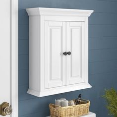 a white bathroom cabinet with two doors