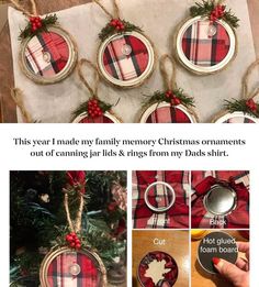 a collage of christmas ornaments hanging from a tree with red and black plaid fabric