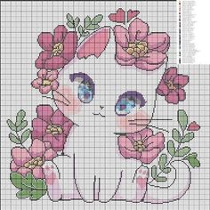 a cross stitch pattern with a cat and flowers