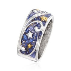 Ross-Simons - Glittery Blue Enamel Celestial Ring in Two-Tone Silver. Size 6. Filled with whimsical imagery, this celestial ring features sterling silver scrollwork and 18kt yellow gold over sterling silver stars atop a glittery blue enamel backdrop resembling the night sky. 3/8" wide. Glittery blue enamel celestial ring. Celestial Ring, Magical Jewelry, All I Ever Wanted, Funky Jewelry, The Night Sky, Fantasy Jewelry, Dream Jewelry, Pretty Jewellery, Blue Rings