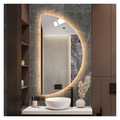 a bathroom with a sink, mirror and lights on the wall above it is illuminated by a circular light