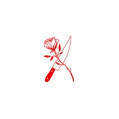 a red rose with a knife in the middle on a white background that is drawn by hand