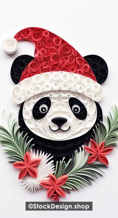 a panda bear with a santa hat on it's head is surrounded by flowers and greenery