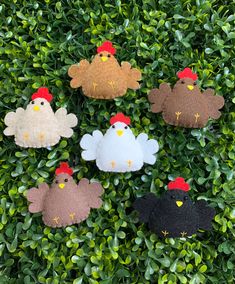 six chickens are sitting on top of some green plants and bushes, one is wearing a red hat