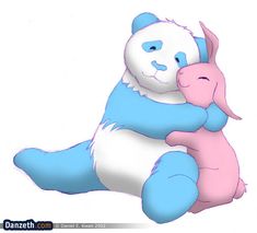 a blue and white teddy bear hugging a pink stuffed animal