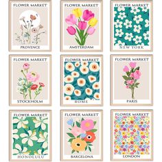 six flower market cards with different flowers on them