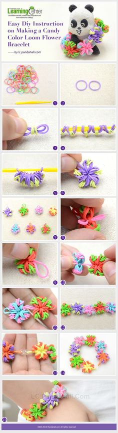 instructions to make an adorable panda bear bracelet with beads and flowers on it's wrist