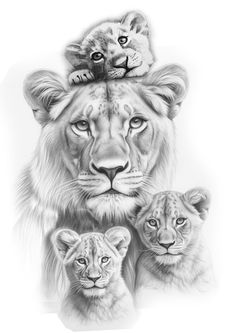 a pencil drawing of two lions with their cubs on top of each other's head