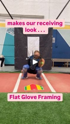 a woman squatting on a baseball field with the words, make our receiving look flat glove framing