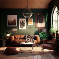 a living room with green walls and leather furniture in the center, surrounded by potted plants