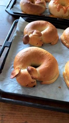 several rolls shaped like pigs in a blanket on top of baking pans with buns