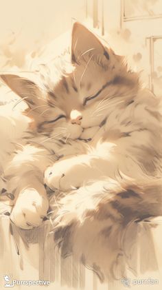 a cat sleeping on top of a bed covered in fluffy white blankets and furs