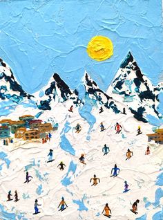 a painting of people skiing in the snow with mountains behind them and a full moon