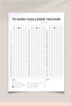 the 75 hard challenge tracker is shown in black and white, with numbers on it