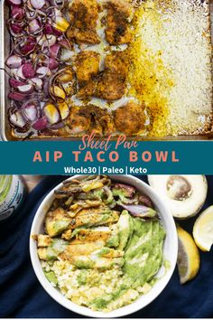 an appetizer bowl with chicken, guacamole and other foods in it