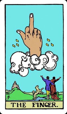 a tarot card with a finger in the sky above it and two people standing next to each other