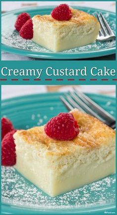 two pictures of creamy custard cake with raspberries on the top